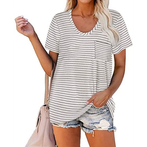 

summer women t-shirt loose striped round collar pocket short-sleeved plus size 5xl women's, White