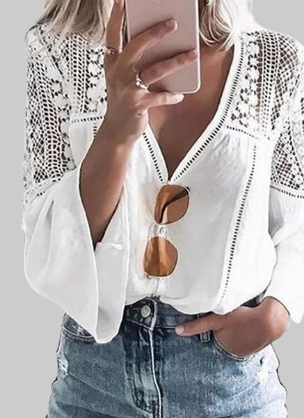 

lace hollow out floral womens shirt boho white flare long sleeve v neck elegant female plus size 5xl
