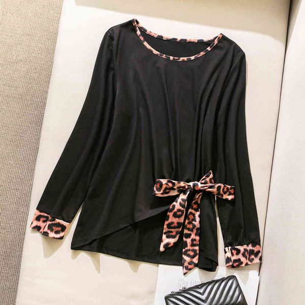 

Plus size Dresses Hy365065# Bla Round Ne Bow Long Sleeve T-shirt Loose Large Simple Top, Black