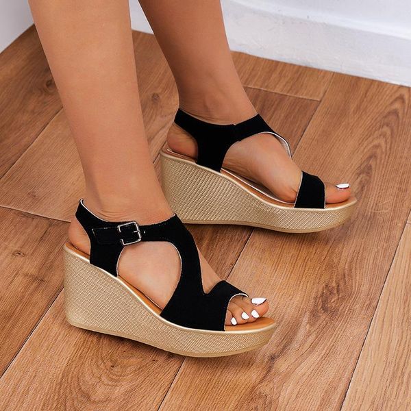 

sandals fashionable women's large size wedge 2021 summer roman korean style muffin high heels for students, Black