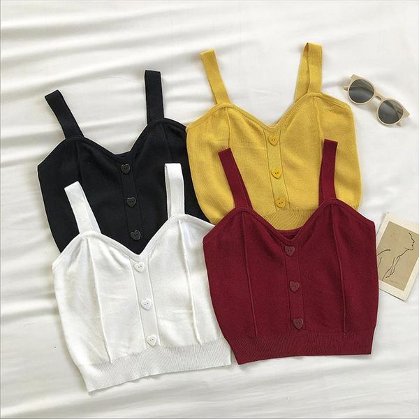 

crop summer straps with womens tanks buttons stretchy solid v neck tank for, White