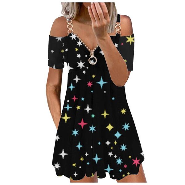 

casual dresses zipper striped print chain strap mini dress women summer v neck plus size hollow out party a line robe, Black;gray