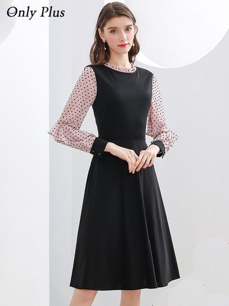 

only plus black elegant party dress patchwork polka dot sleeve fashion slim 2021 spring knee length dresses casual, Black;gray
