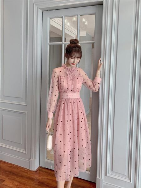 

casual dresses fashion sweet women pink mesh embroidery long sleeve party dress vestidos 2021 autumn ladies runway large size, Black;gray