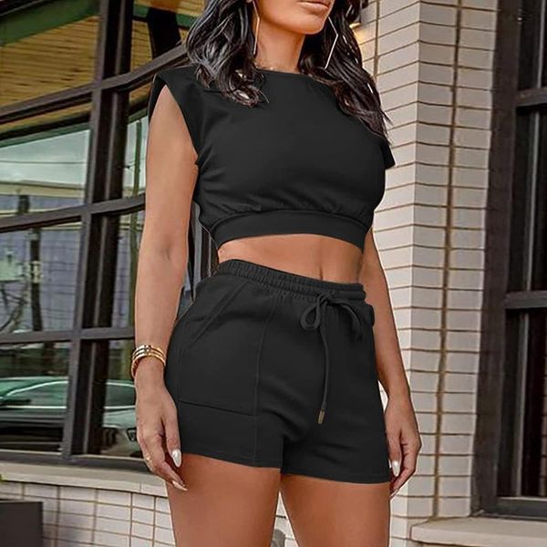 

women's tracksuits solid color suit ladies sleeveless and loose drawstring casual shorts set sports tracksuit lounge wear, Gray