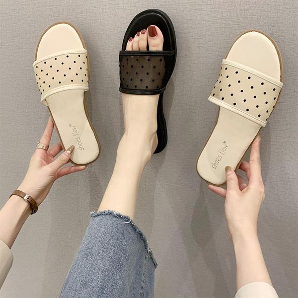 

summer outer wear sandals ladies net yarn wave point seaside holiday flat word slippers women's shoes, Black