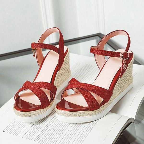 

wedges shoes for women high heel platform wedge sandal ankle strap glitter ladies summer 2021 sandalia feminina sandals, Black