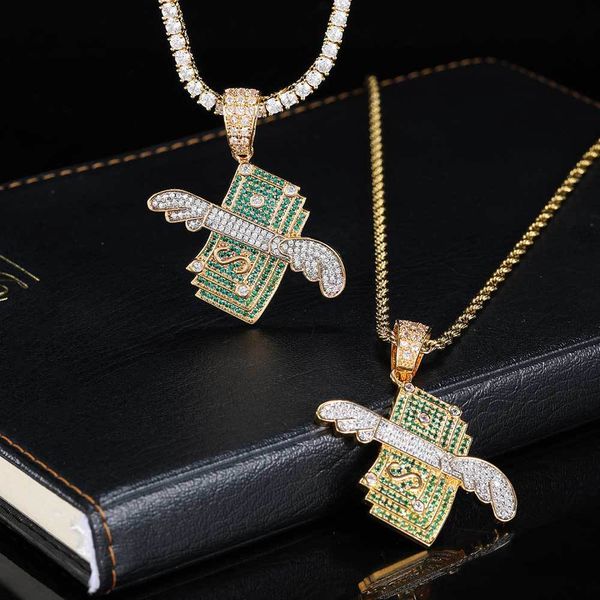 

factory wholesale hip hop jewelry personality wings flying money note pendant micro inlaid zircon street trendsetter men's necklace pop