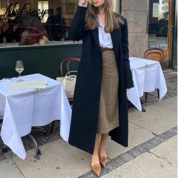 

women's wool & blends msfancy black jacket women brtish style overlong coat 2021 femme elegant double breasted outwear