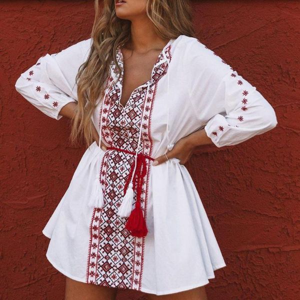 

women's swimwear women ethnic style loose 3/4 sleeve v-neck mini dress streetwear for outdoor printed stylish waist belt long dresses, White;black