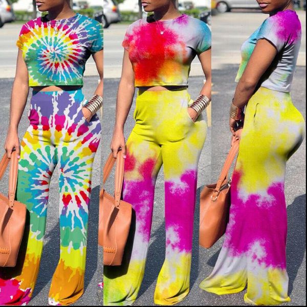 

summer casual sets women tracksuits o neck short sleeve crop wide leg pant rainbow graffiti print fashion outfits dropshipping, Gray