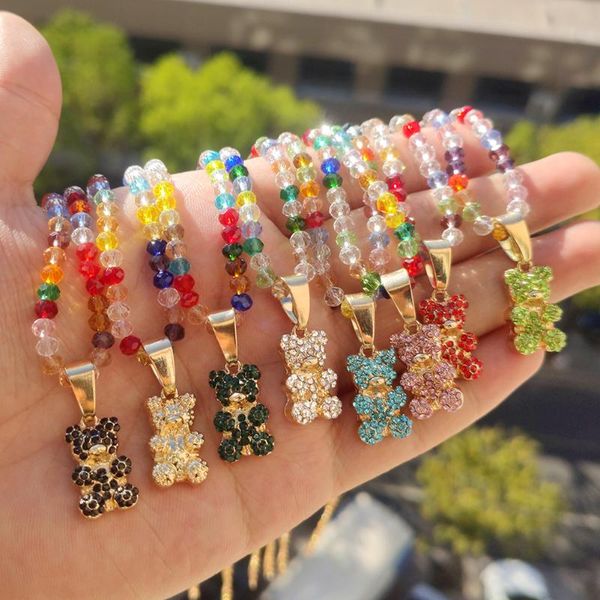 

pendant necklaces bohemian multicolor glass beads choker bear for women rainbow color rhinestone necklace fashion jewelry, Silver