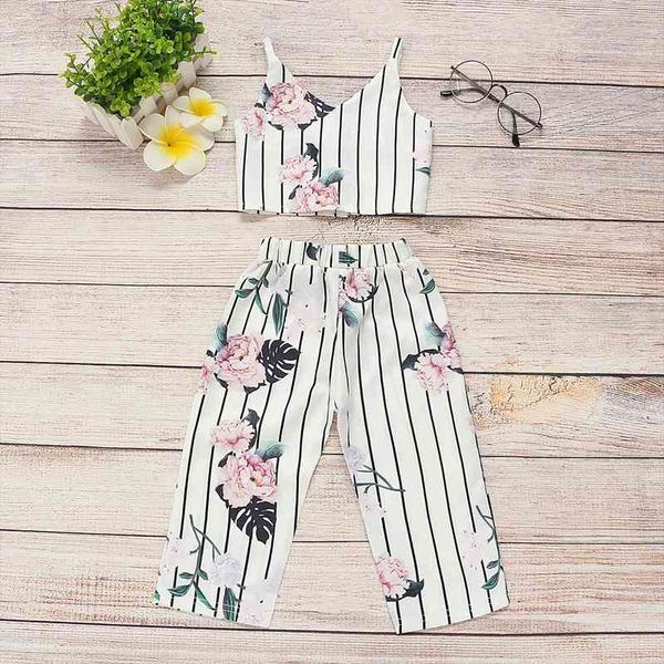 

summer toddler baby kids girls stripe floral clothes sleeveless vest long pants outfits set, White