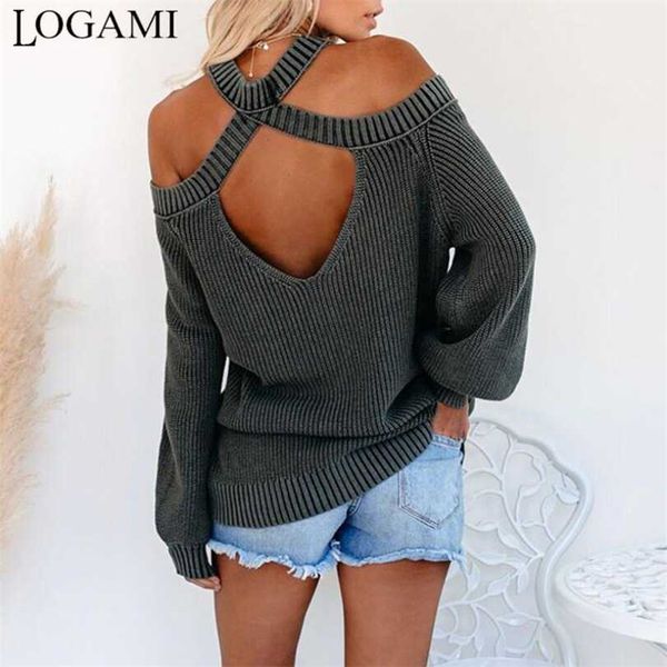 

logami hanging neck off shoulder loose pullover woman autumn winter knit sweater women sweaters and pullovers 211018, White;black