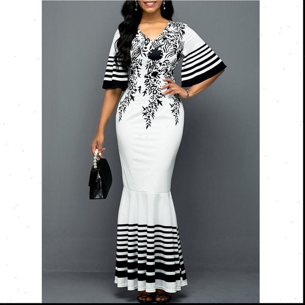 

long dress womens women printed stitching high waist short sleeves v neck plus size 5xl fishtail, Black;gray