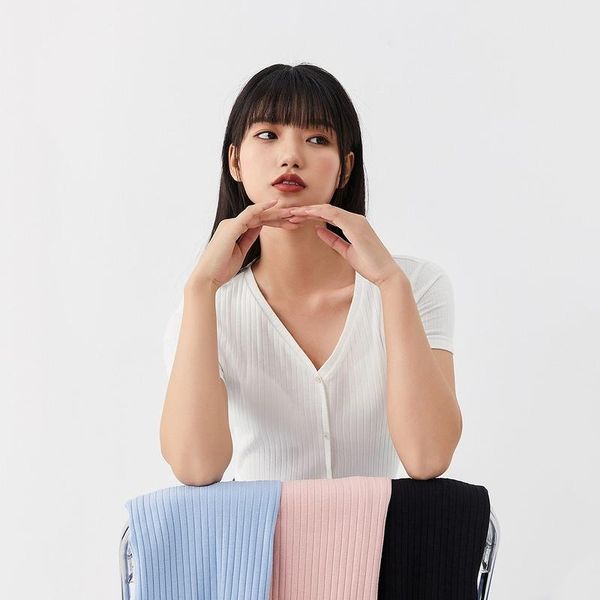 

v-neck t-shirt women's knitted solid color 2021 summer arrival slim short-sleeved bottoming shirt, White