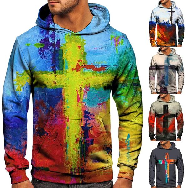 

men's hoodies & sweatshirts hooded sleeve cross 3d pocket long print casual blouse, Black