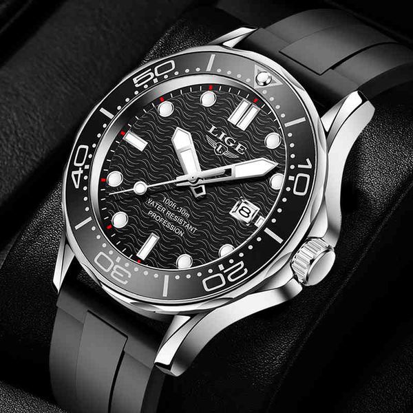 

2021 new lige men es luxury silicone strap sport waterproof quartz wrist for mens fashion rotating bezel date watch, Slivery;brown