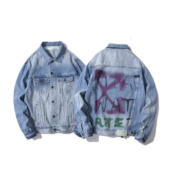 

version correct quality high 20ss off hand painted graffiti rendered arrow made old denim jacket, Black;brown