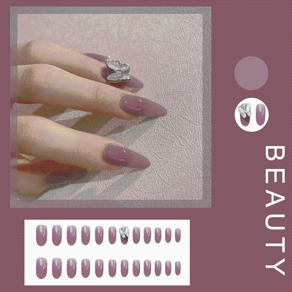 

false nails 24pcs/boxsenior purple butterfly fake potherapy patch wearable nail short full cover wedding for summe, Red;gold