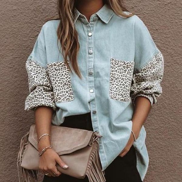 

women's jackets women's long sleeve pocket leopard print stitching denim jacket coats winter clothes women, Black;brown