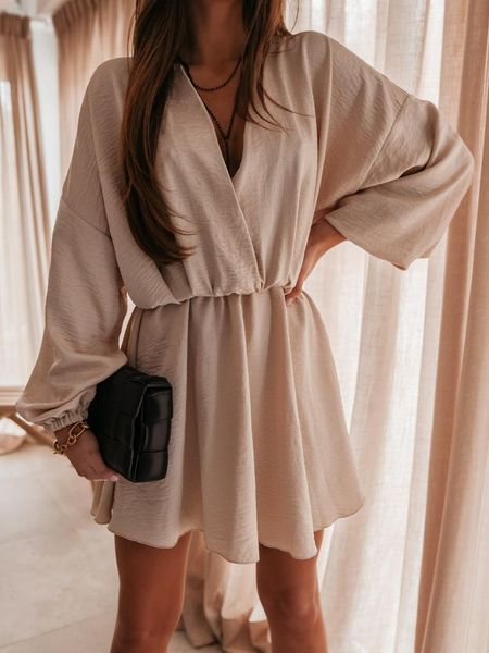 

casual dresses donsignet fashion women's dress summer v-neck pullover solid color high waist loose long sleeve, Black;gray