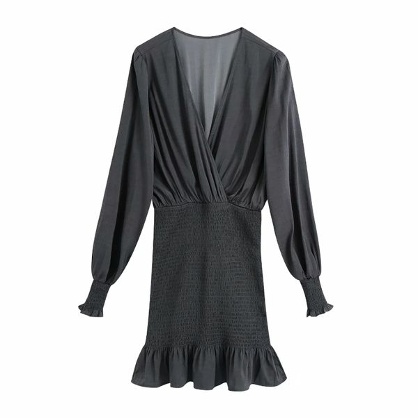 

women v neck lantern sleeve mini dress female elastic pleated clothes high street loose vestido d6995 210430, Black;gray