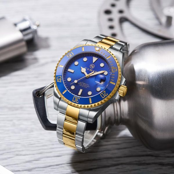 

wristwatches tesen design mens watch automatic mechanical 43mm sports stainless steel business luminous diving, Slivery;brown