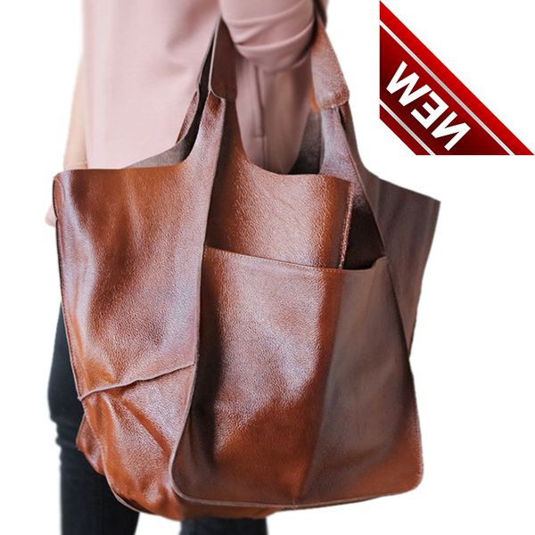 

casual soft large capacity tote women handbags designer aged metal look luxury pu leather shoulder bag retro big shopper purses