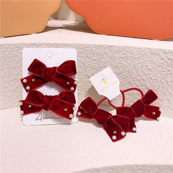 

korean sweet girl simple cute red velvet bow imitation pearl rubber band hair rope fashion children's hairpins accessories, Slivery;white