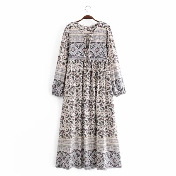 Abito longuette bohemien con lacci chic da donna Abito longuette da spiaggia a maniche lunghe in rayon con nappa stampata floreale Vita impero Boho Femme Abiti 210521