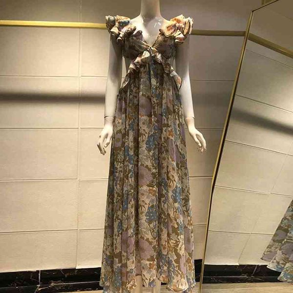 

casual dresses women ruffles maxi summer holiday beach floral print backless chiffon sleeveless long quality wmvx, Black;gray