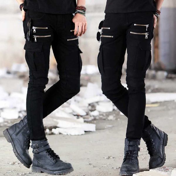 Мотоцикл джинсовые брюки мужские черные джинсы мода стрейч на молнии тощие джинсы плиссированные мото-байкерские мужчины тонкие брюки продают 210622