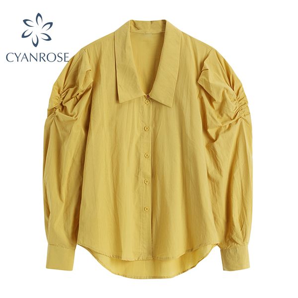 

solid vintage blouses or for woman puff long sleeve lapel single breasted korean trendy mori girl beach shirts blusas 210417, White