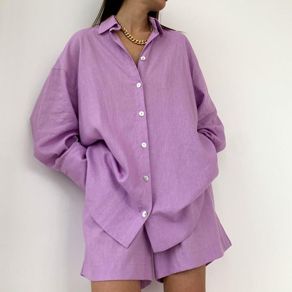 

women's tracksuits women summer autumn clothes set solid 4 colors long sleeve buttoned lapel shirt+elastic waist shorts loose street 2p, Gray