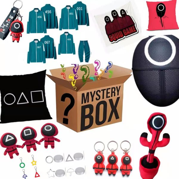 

50%off squid game mystery box toy gifts have the opportunity to open: squid pendants, pillows, squid clothes, keychains, plush toy and more