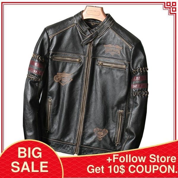 

men's leather & faux 2021 vintage black american style biker's jacket men plus size xxxl genuine cowhide spring slim fit motorcycl