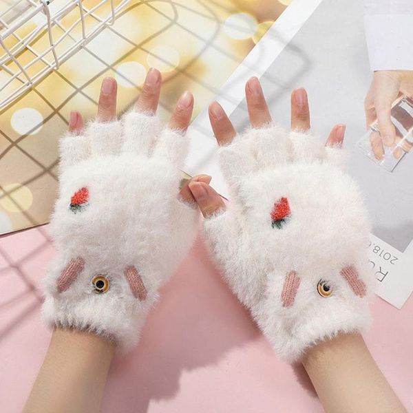 

children's mittens 1pair lovely soft warm half-finger gloves ear fluffy plush for girls women winter hand wrist mitten with cap, White