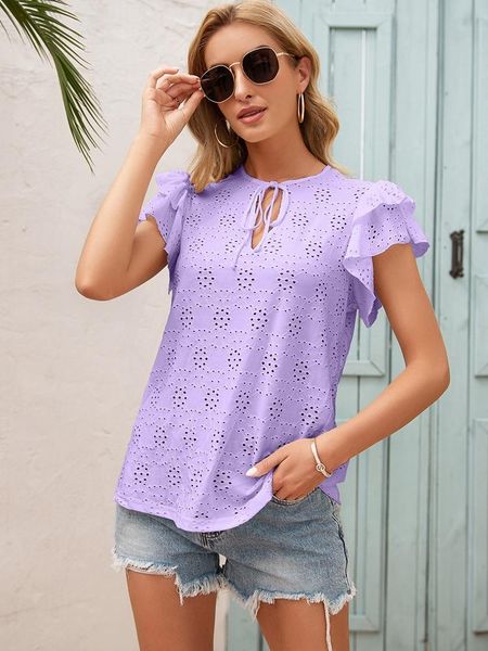 

women's blouses & shirts elegant blouse women 2021 summer butterfly sleeve femme lace up round neck ladies and crochet hollow out s, White