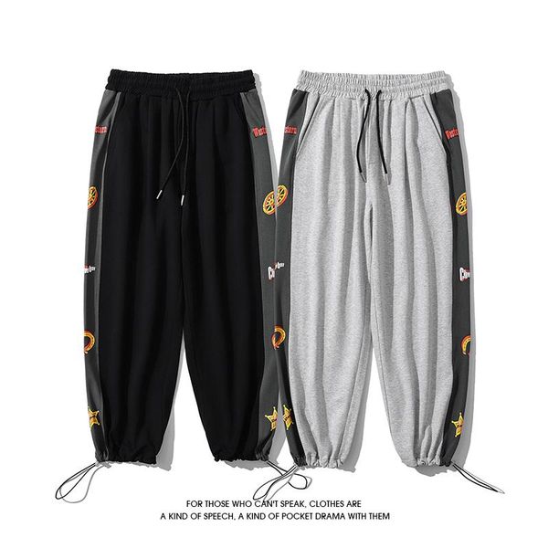 

men's pants trendy overalls fashion pattern casual multi-pocket loose cropped trousers, Black