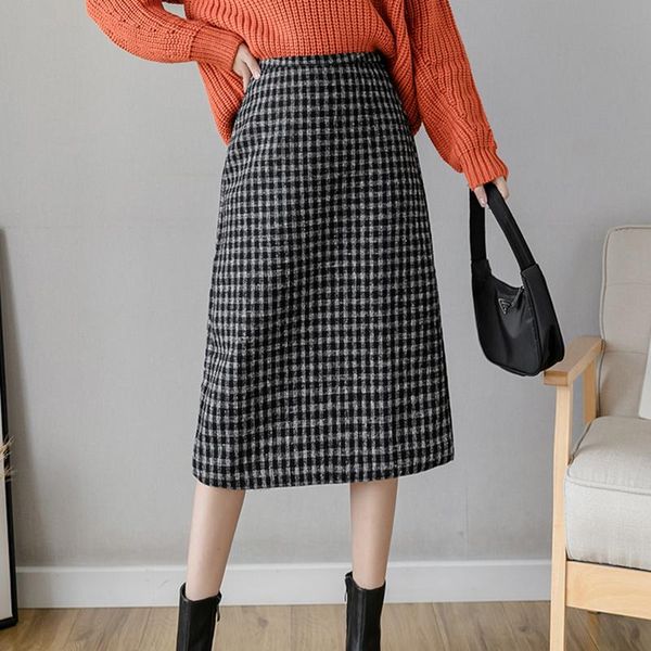 

skirts split plaid pencil women autumn long straight skirt midi high waist wool zipper vintage office lady elegant x483, Black