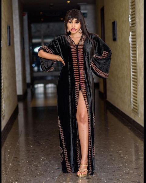

casual dresses african mom fashion quality velvet fabric luxury diamond decoration elegant for women night, Black;gray