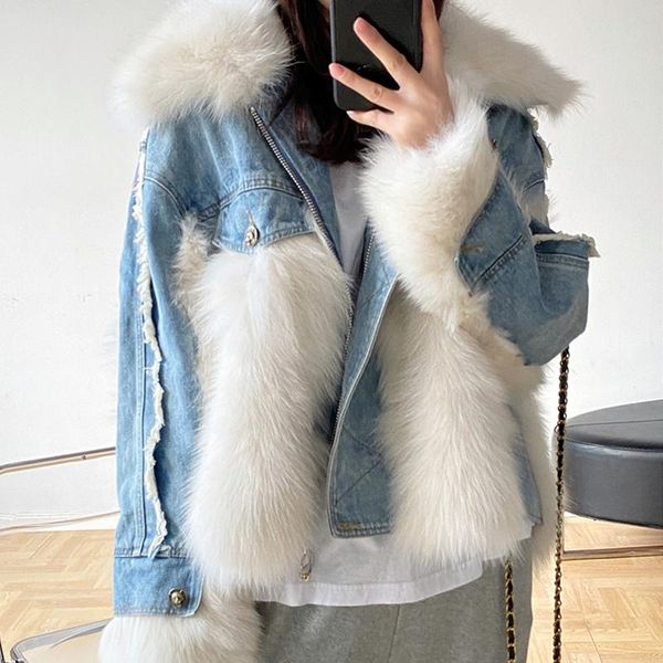 

women's fur & faux hstar denim parkas autumn winter stitching cotton coat lapel single breasted furry short jean padded jacket, Black