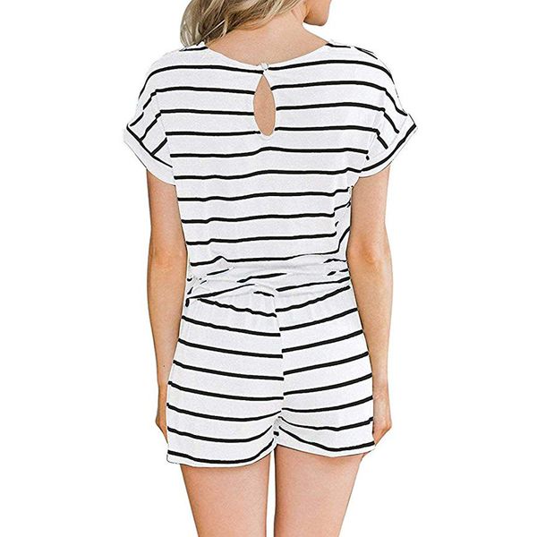 

women's summer striped jumpsuit shorts casual loose short sleeve o-neck playsuits female rompers pockets overalls plus size k005, Black;white