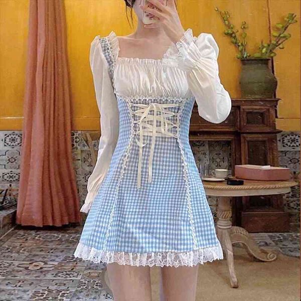 

sweet lolita mini japanese womens dress style square collar bandage blue plaid gothic kawaii lace ruffles soft girl, Black;gray