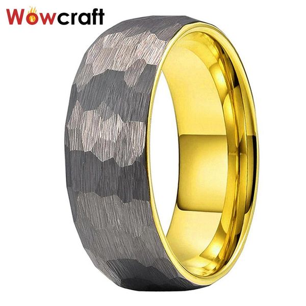 

8mm tungsten carbide hammered ring gold polished inside comfort fit brushed surface wedding band dome shape engraved rings, Slivery;golden