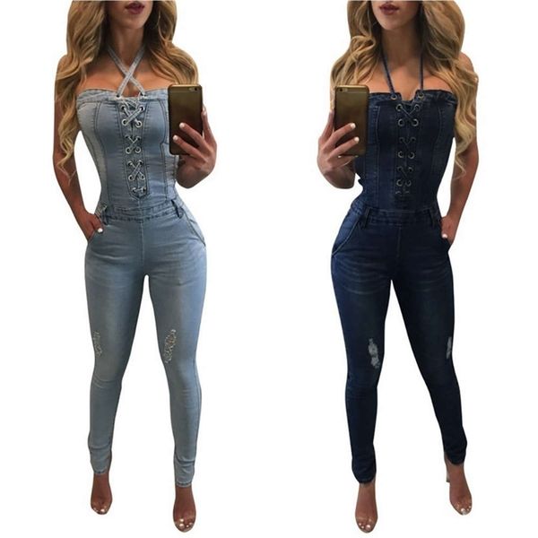 

jeans women's lace cut out neck off shoulder small feet stretch denim jumpsuit dzd8, Blue