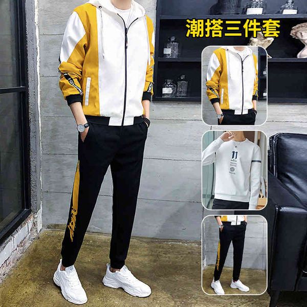 

tracksuits suit men's spring and autumn style cardigan coat fashionable youth ins leggings leisure sports three piece set, Gray