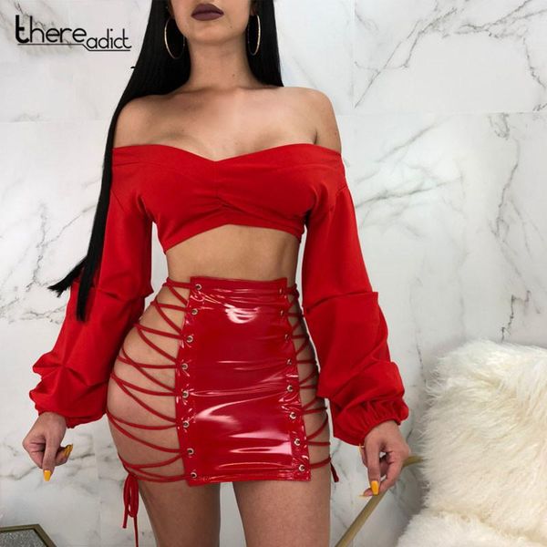 

skirts santune 2021 spring women bandage high waist skinny skirt red color package pu leather lace up cool ultra mini, Black