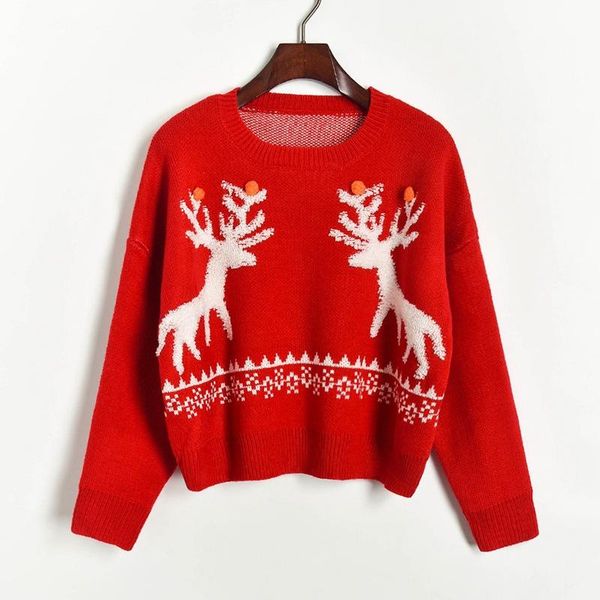 

women's sweaters women crop christmas sweater oversized winter o-neck hair ball elk jacquard knit red, White;black